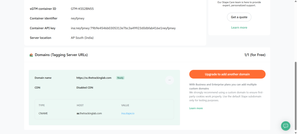 Stape dashboard showing the custom tagging server URL ss.thetrackinglab.com with a status of Ready and CNAME configuration for GTM server-side tracking.