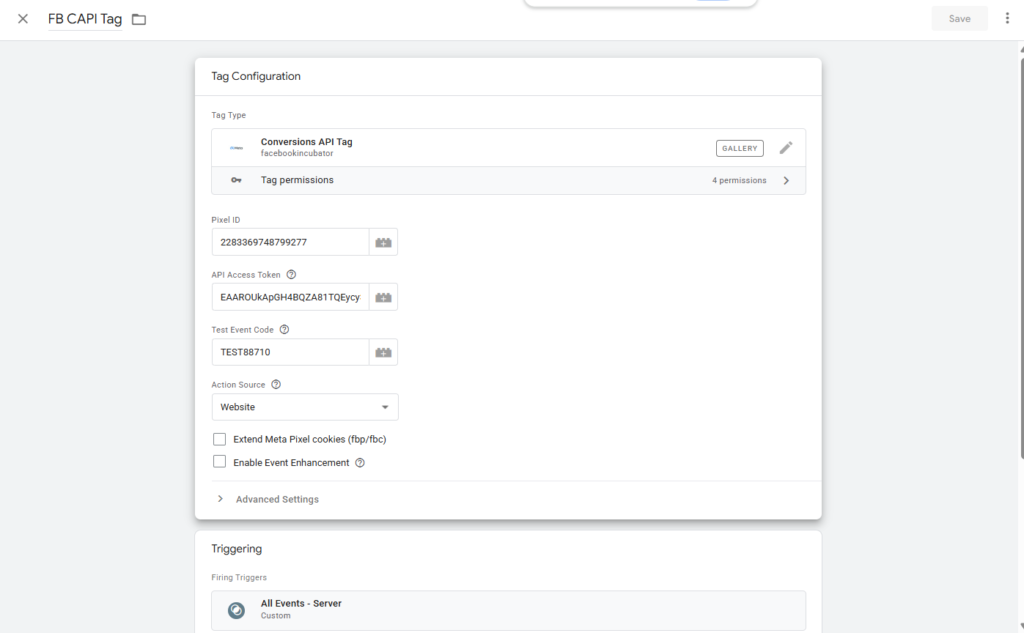 Professional setup of Facebook Conversions API and Server-Side Tracking showing event deduplication.
