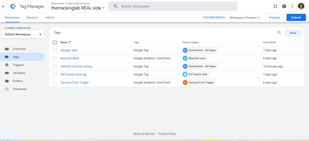 Google Tag Manager workspace displaying multiple GA4 event tags and Facebook Pixel tags for comprehensive web tracking.