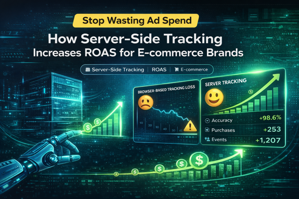 Server-side tracking dashboard showing increased ROAS and improved ecommerce conversion tracking accuracy